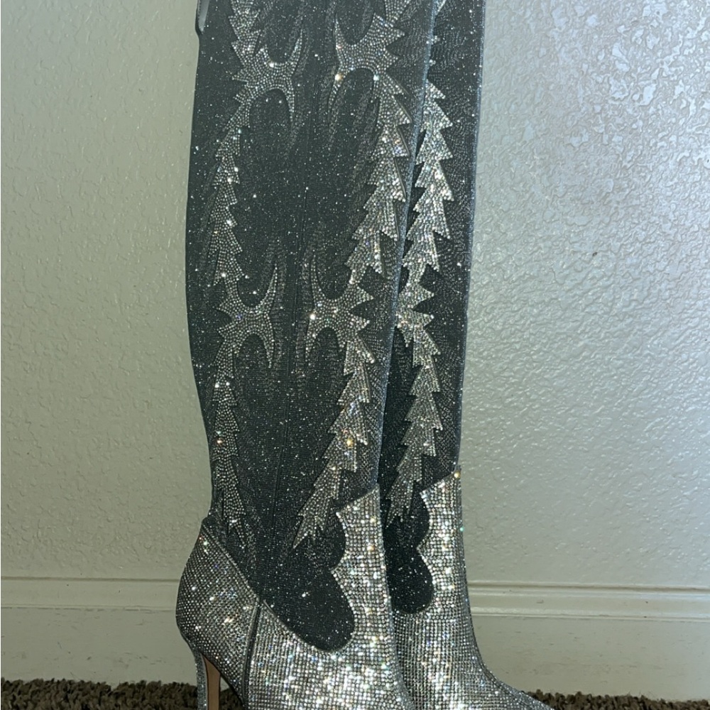 Gianni Bini Silver Heeled Boots with Elegant Lace Overlay